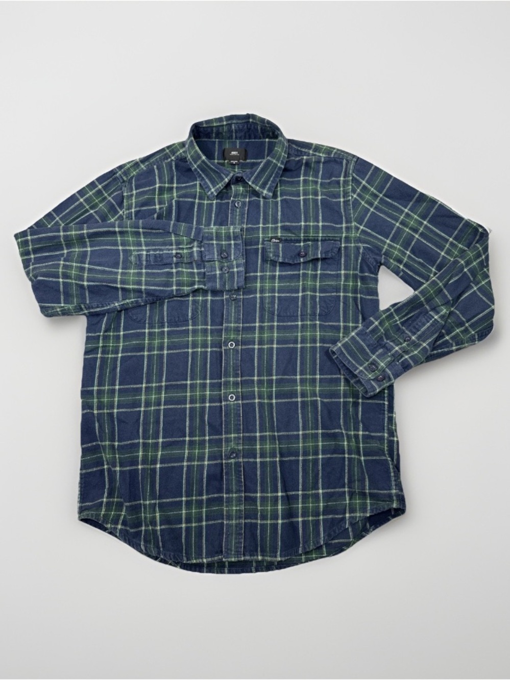 Obey Navy and Green Plaid Button-Down Shirt